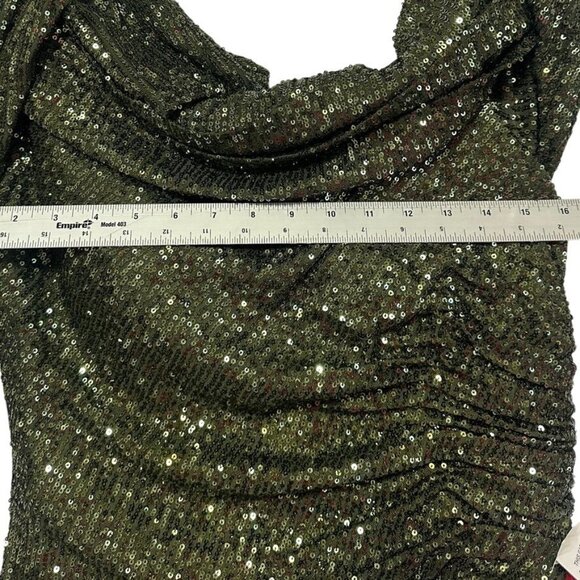 Mac Duggal Olive Green One Shoulder Sequin Long Sleeve Midi Dress SZ 12 NWT - Picture 12 of 13